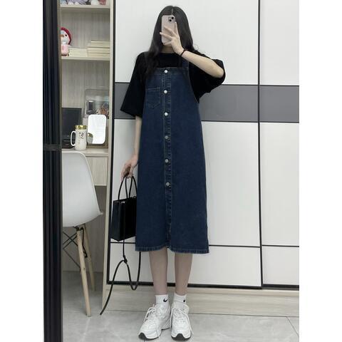Jiashucheng Đầm Yếm Denim Dáng Rộng Dài Qua Gối Phong Cách Hàn Quốc Mới Cho Nữ