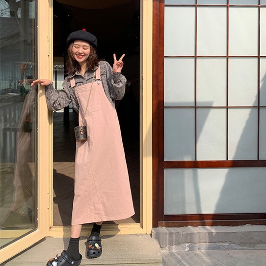 Jiashucheng Đầm Hai Dây Dài Qua Gối Dáng Rộng Màu Hồng Thời Trang Mùa Hè Phong Cách Hàn Quốc Cho Nữ Sinh
