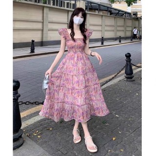 [ Order] Váy Hoa Dáng Dài Không Tay, Váy Hoa Nhún Bèo