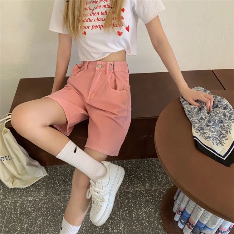 Jiashucheng Quần Short Denim Lưng Cao Ống Rộng Thời Trang Mùa Hè Hàn Quốc