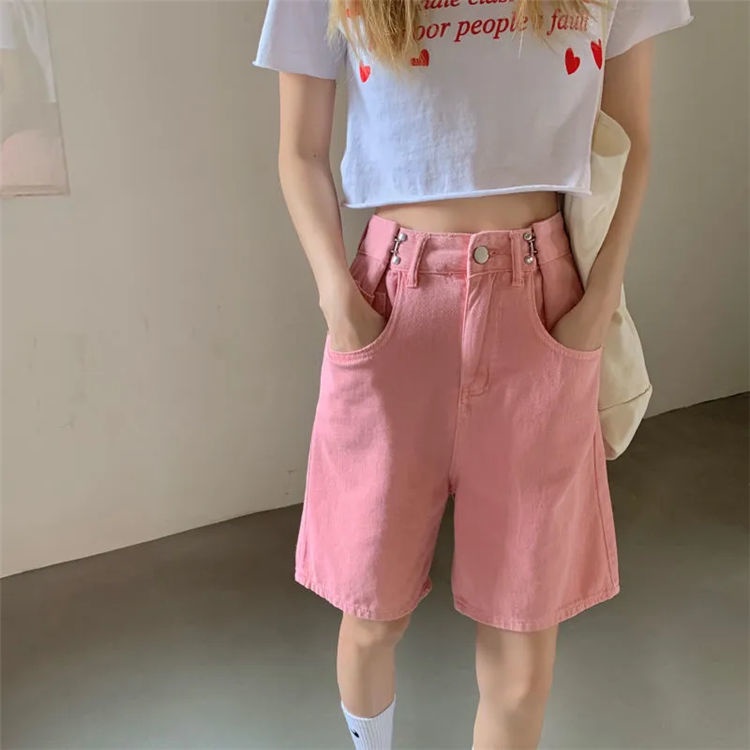 Jiashucheng Quần Short Denim Lưng Cao Ống Rộng Thời Trang Mùa Hè Hàn Quốc