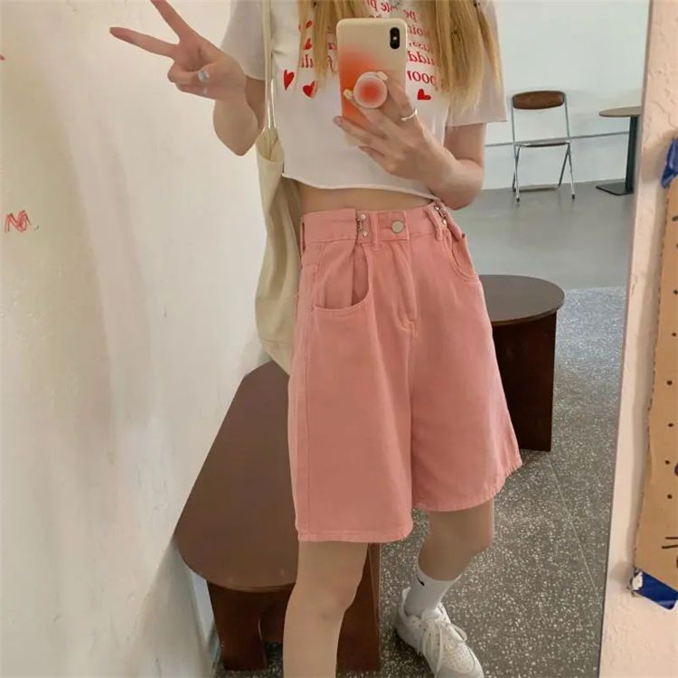 Jiashucheng Quần Short Denim Lưng Cao Ống Rộng Thời Trang Mùa Hè Hàn Quốc