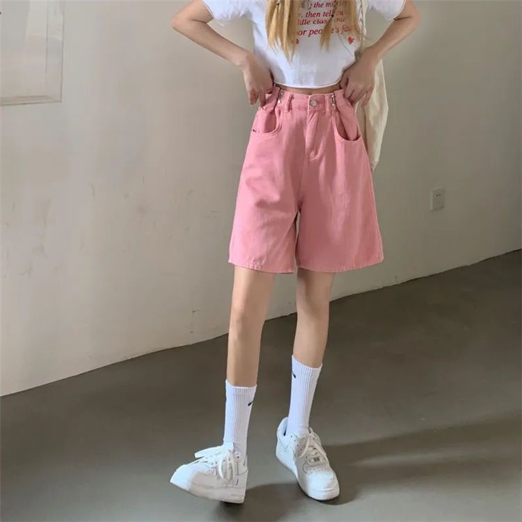 Jiashucheng Quần Short Denim Lưng Cao Ống Rộng Thời Trang Mùa Hè Hàn Quốc