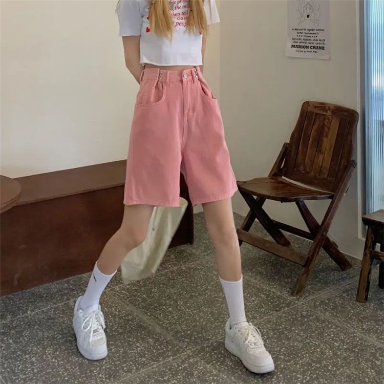 Jiashucheng Quần Short Denim Lưng Cao Ống Rộng Thời Trang Mùa Hè Hàn Quốc