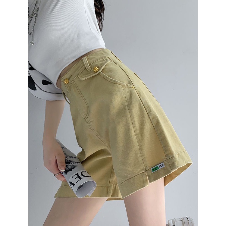 Jiashucheng Quần Short Denim Chữ a Lưng Cao Dáng Rộng Màu Vàng Thời Trang Mùa Hè Cho Nữ