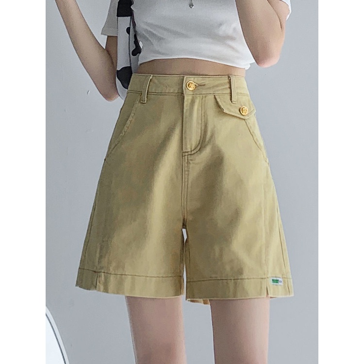 Jiashucheng Quần Short Denim Chữ a Lưng Cao Dáng Rộng Màu Vàng Thời Trang Mùa Hè Cho Nữ