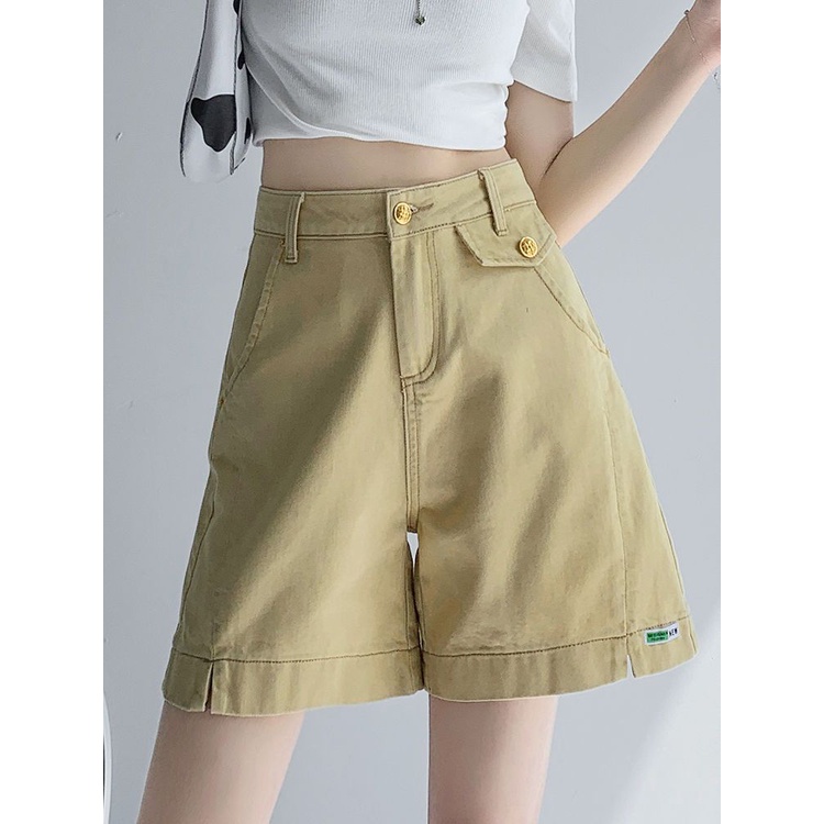 Jiashucheng Quần Short Denim Chữ a Lưng Cao Dáng Rộng Màu Vàng Thời Trang Mùa Hè Cho Nữ