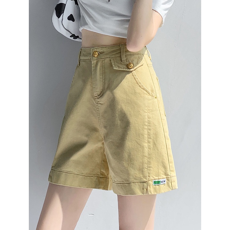 Jiashucheng Quần Short Denim Chữ a Lưng Cao Dáng Rộng Màu Vàng Thời Trang Mùa Hè Cho Nữ