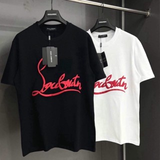 Áo phông tay lỡ Louboutin Unisex đẹp, áo thun đôi nam nữ Mikenco cổ tròn cotton 3158 co giãn 4 chiều màu đen trắng AT6