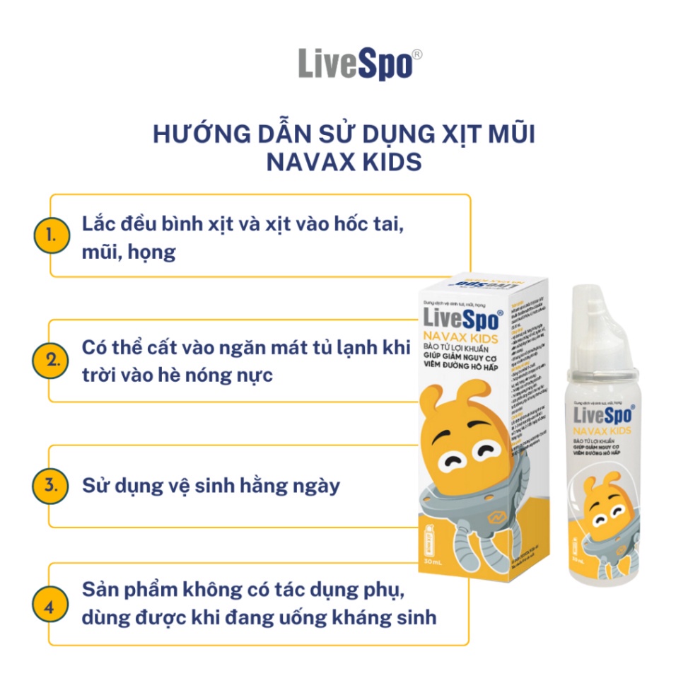 [ Chính Hãng ] Xịt mũi vệ sinh hằng ngày LiveSpo NAVAX KIDS tiện dụng (Bình xịt 50ML)