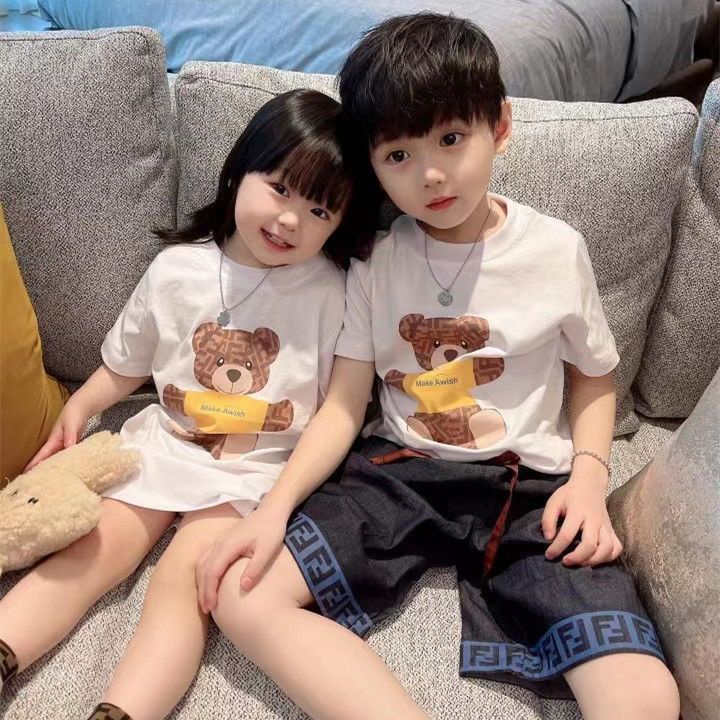 Set Áo Thun In Hình Gấu Và Quần Short denim Dễ Thương Thời Trang Mùa Hè Cho Bé Trai Và Gái