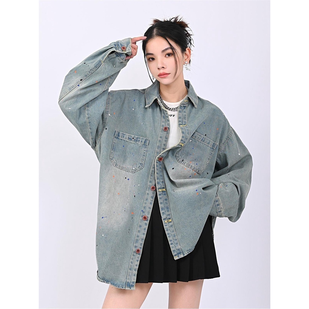 Áo Khoác Denim Mỏng Dáng Rộng Họa Tiết Chấm Bi Thời Trang Xuân Thu Cho Cặp Đôi