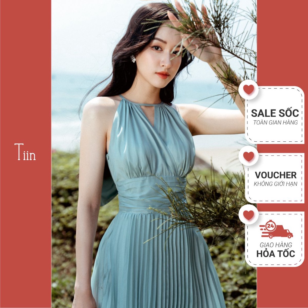 Váy maxi cổ yếm đầm maxi vải tơ óng xếp ly dáng dài chiết eo lót lụa tôn dáng TIINSTORE V0D792