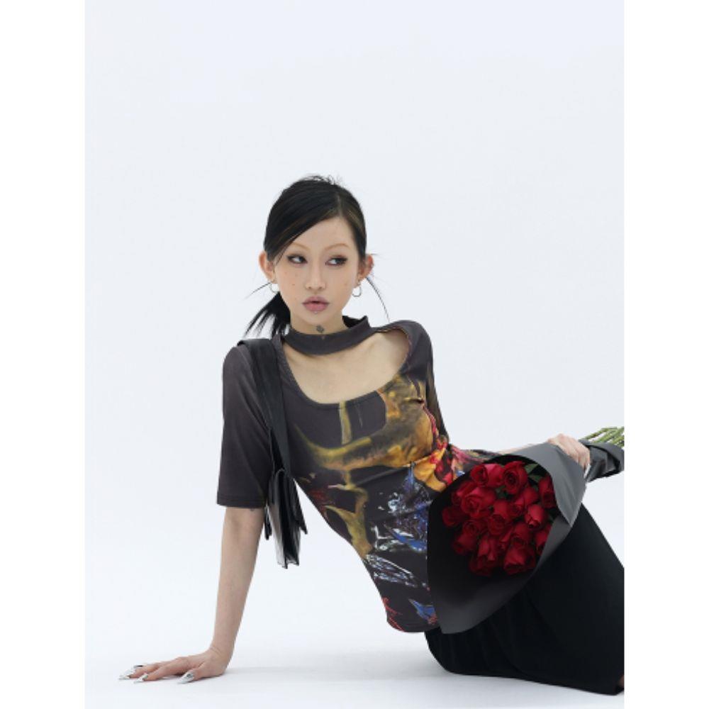 Áo Thun Tay Ngắn In Hình Vòng Cổ Choker Phong Cách Mới Mùa Hè Cho Nữ
