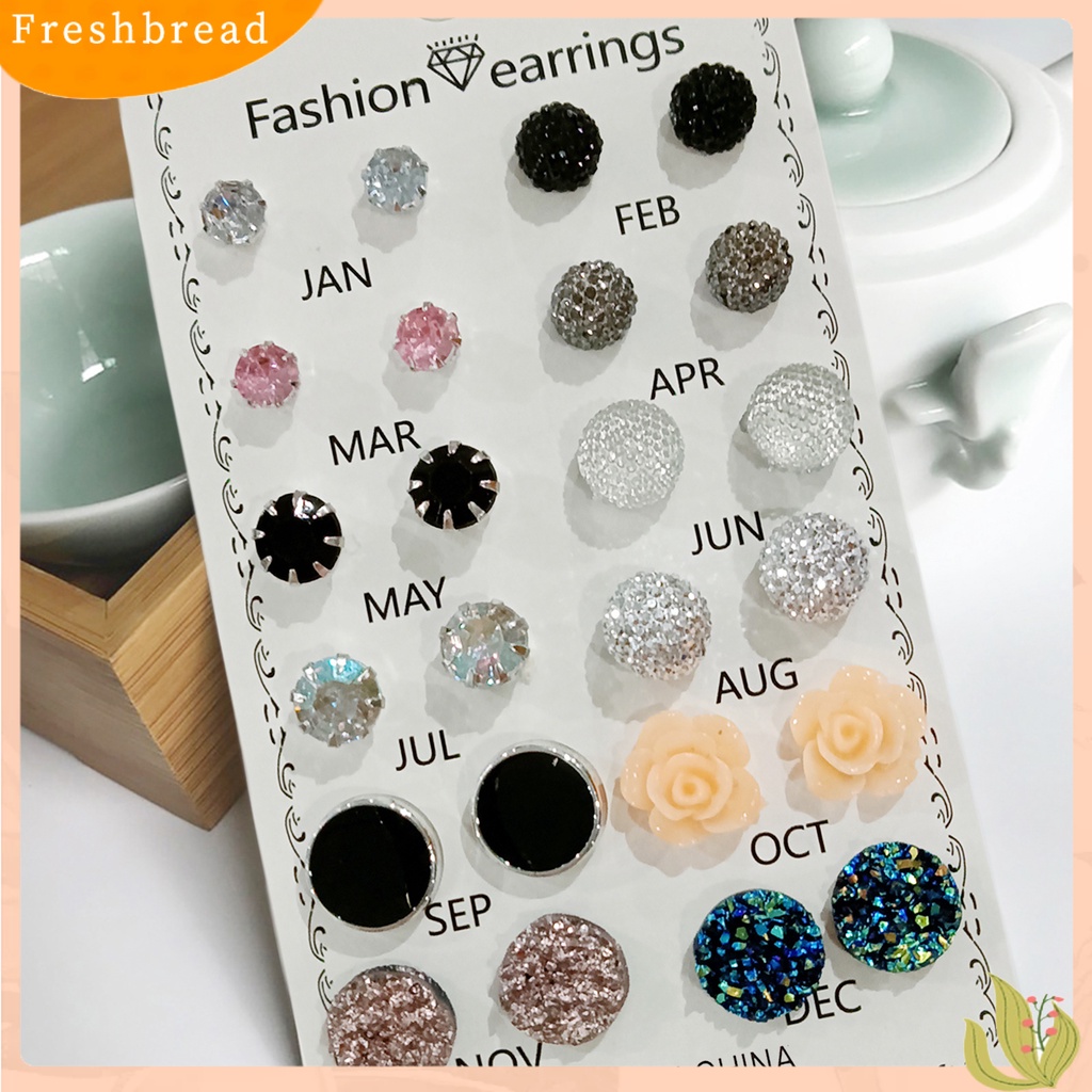 FRESH| Set 12 Đôi Bông Tai Hình Hoa Tròn Đính Đá Đơn Giản Chống Mài Mòn Cho Nữ