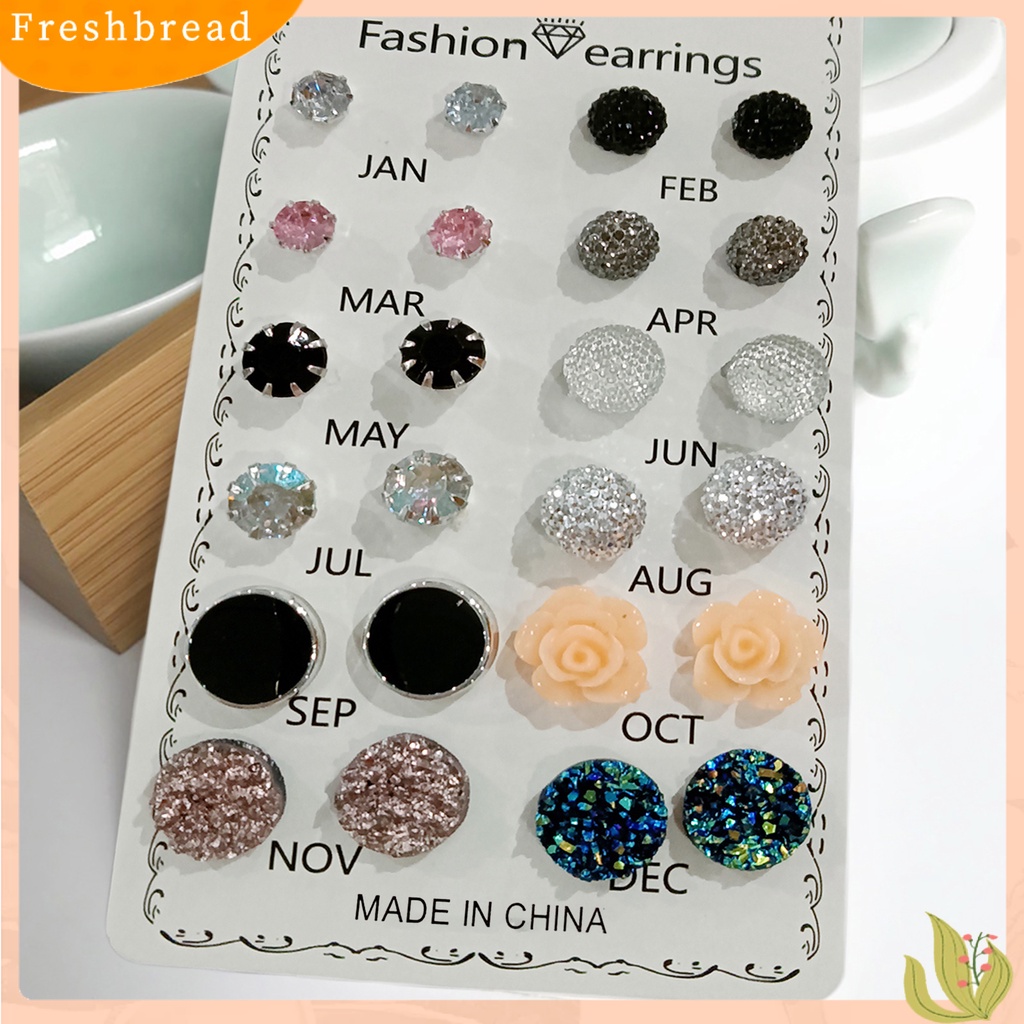 FRESH| Set 12 Đôi Bông Tai Hình Hoa Tròn Đính Đá Đơn Giản Chống Mài Mòn Cho Nữ