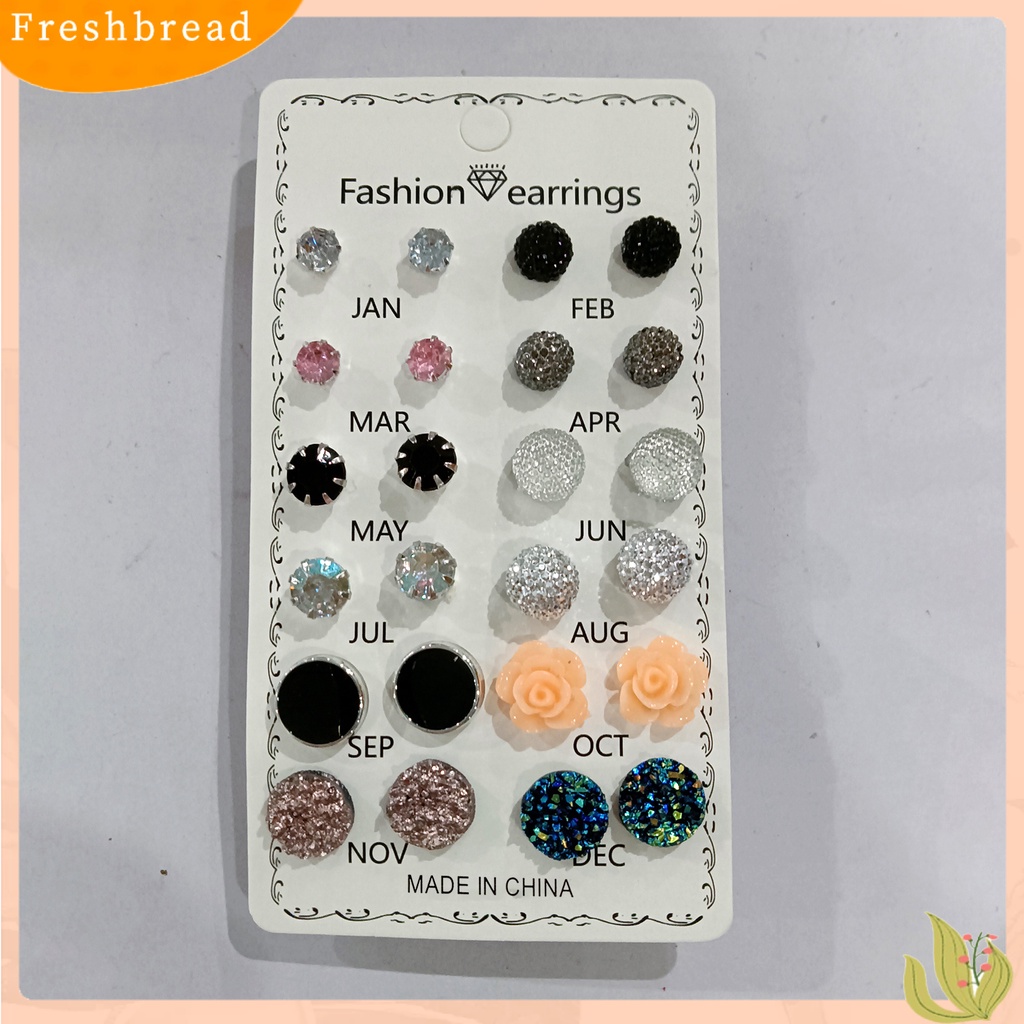 FRESH| Set 12 Đôi Bông Tai Hình Hoa Tròn Đính Đá Đơn Giản Chống Mài Mòn Cho Nữ