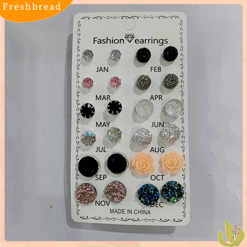 FRESH| Set 12 Đôi Bông Tai Hình Hoa Tròn Đính Đá Đơn Giản Chống Mài Mòn Cho Nữ