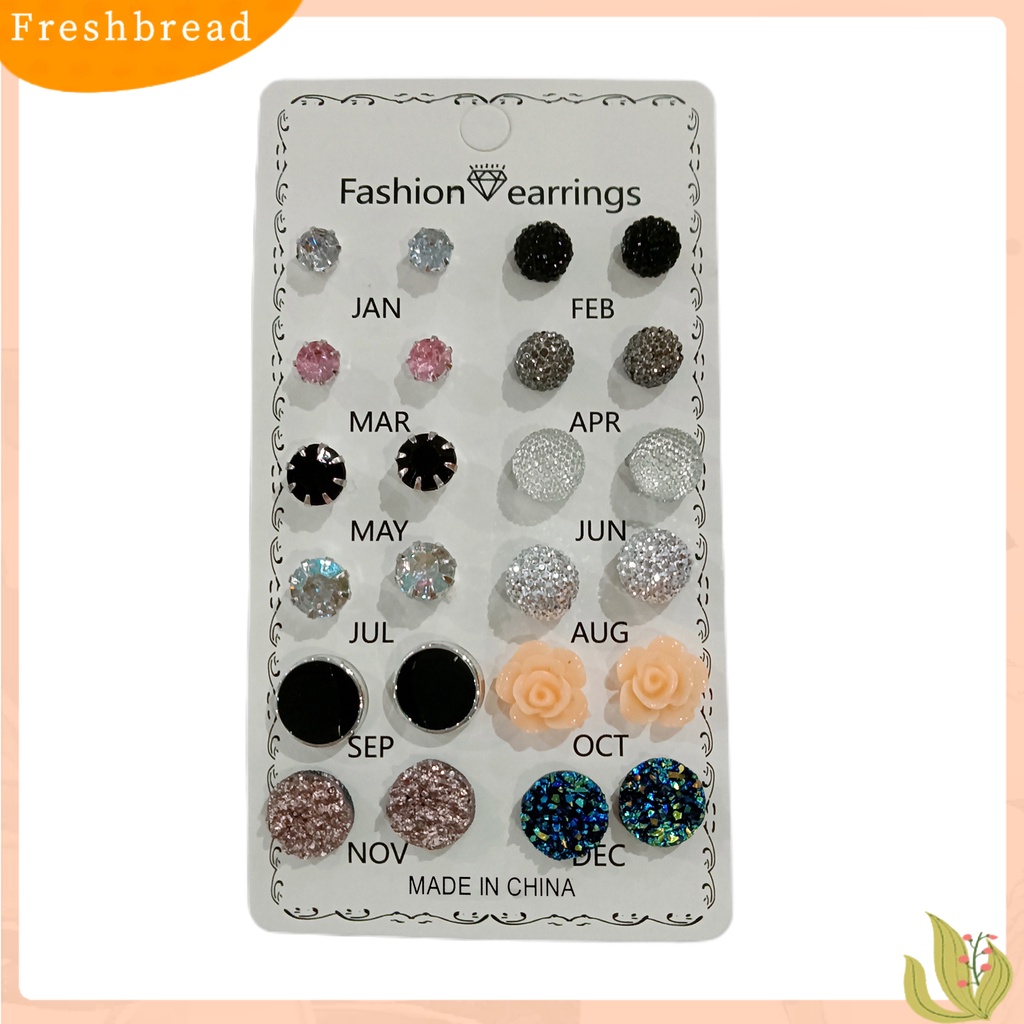FRESH| Set 12 Đôi Bông Tai Hình Hoa Tròn Đính Đá Đơn Giản Chống Mài Mòn Cho Nữ