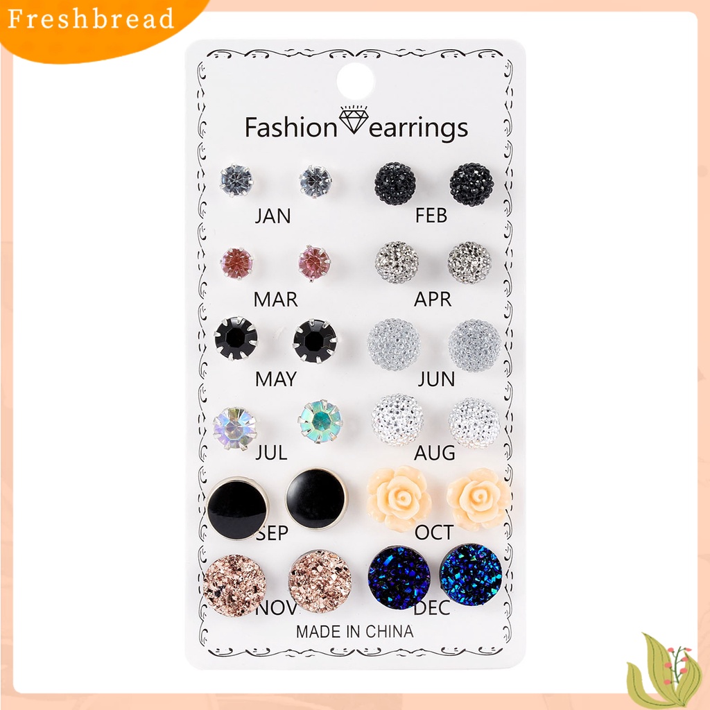 FRESH| Set 12 Đôi Bông Tai Hình Hoa Tròn Đính Đá Đơn Giản Chống Mài Mòn Cho Nữ