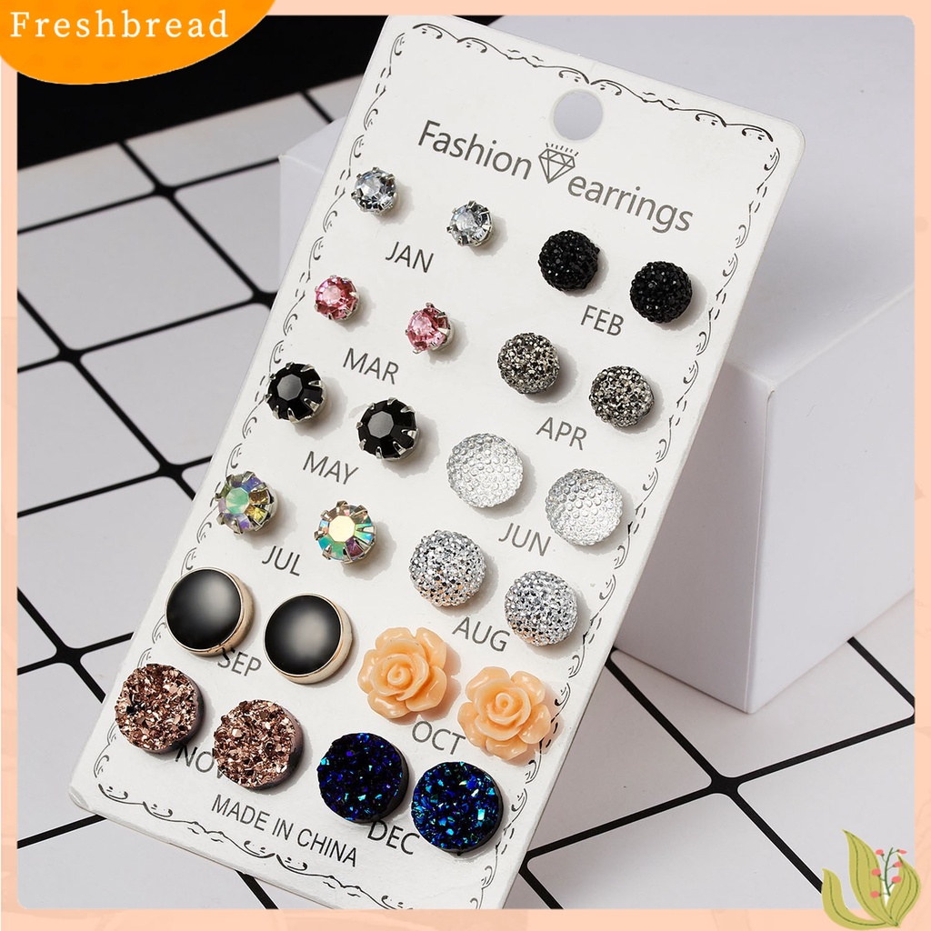 FRESH| Set 12 Đôi Bông Tai Hình Hoa Tròn Đính Đá Đơn Giản Chống Mài Mòn Cho Nữ