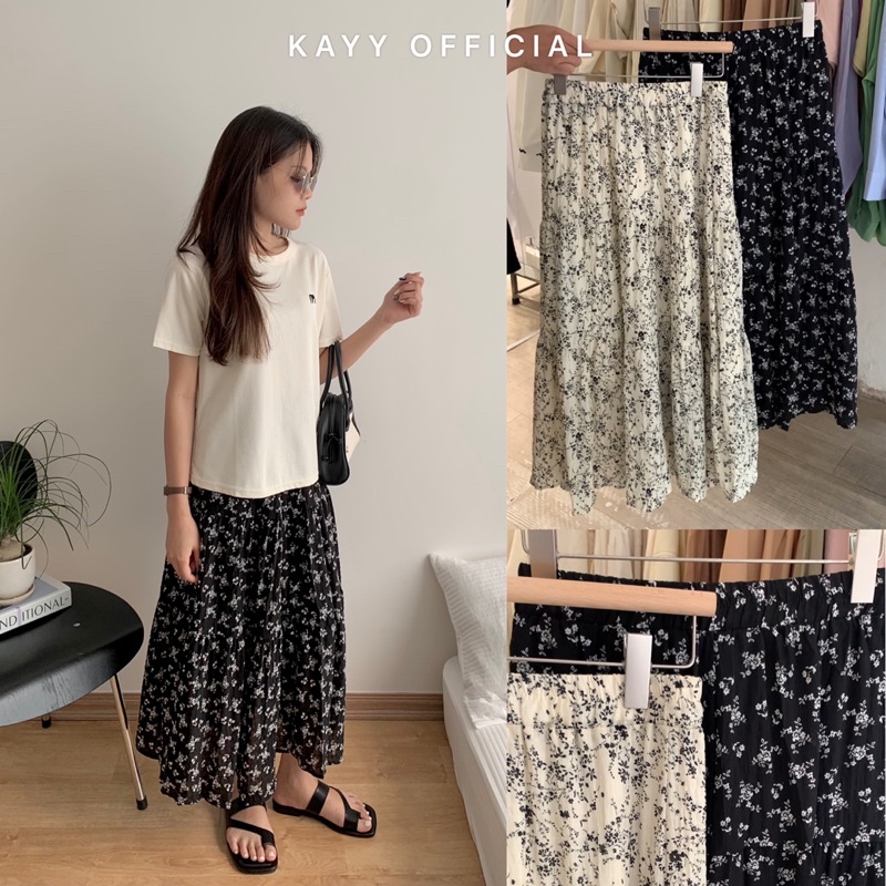 KAYY. Chân váy hoa nhăn cạp chun dáng xoè - Cv9057 (ảnh thật)