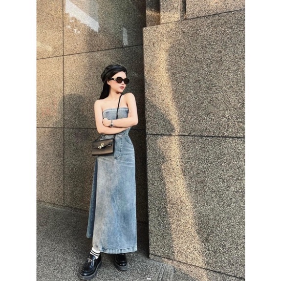 Đầm jean cúp ngực hở vai xanh khói siêu chất, Váy Jeans cúp ngực siêu hothit cực xinh cho nàng