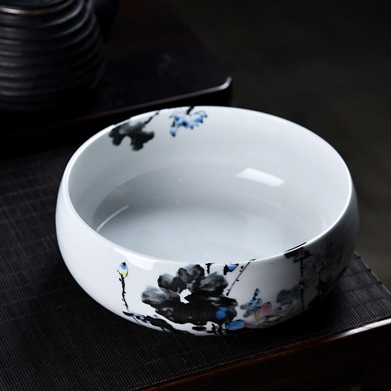 ┇ [Siêu Sale]Gốm sứ rửa trà chậu thủy canh mọng nước lớn kung fu bộ ấm trà bút rửa gốm trắng xanh phụ kiện trà đạo sáu q