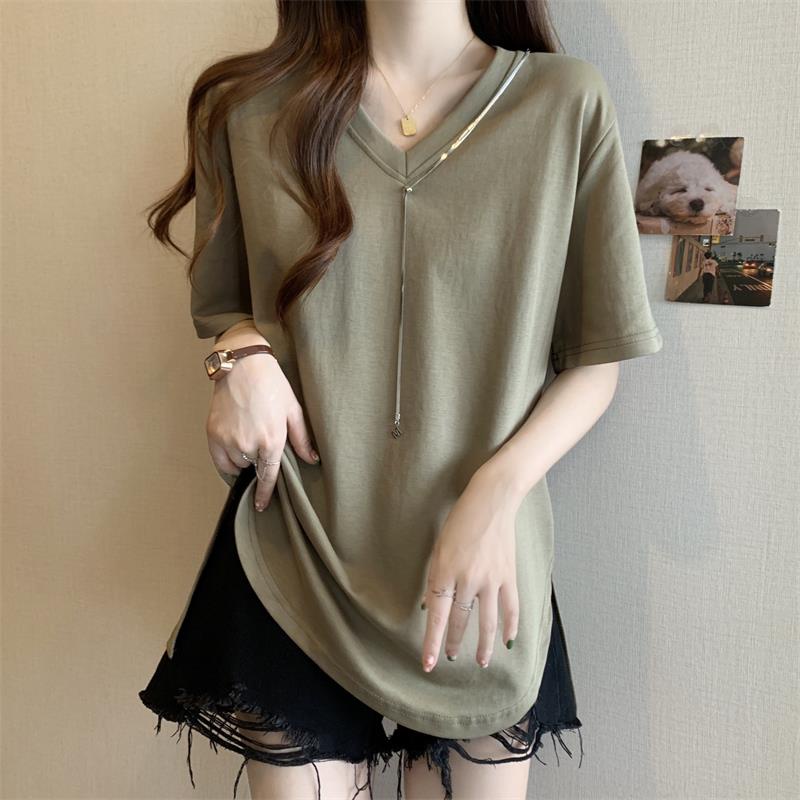 (Mới về)Kích thước lớn của phụ nữ mùa hè lỏng lẻo cổ chữ V trước vai áo thun ngắn tay dài vừa hơi béo mm giảm béo bụng ẩ