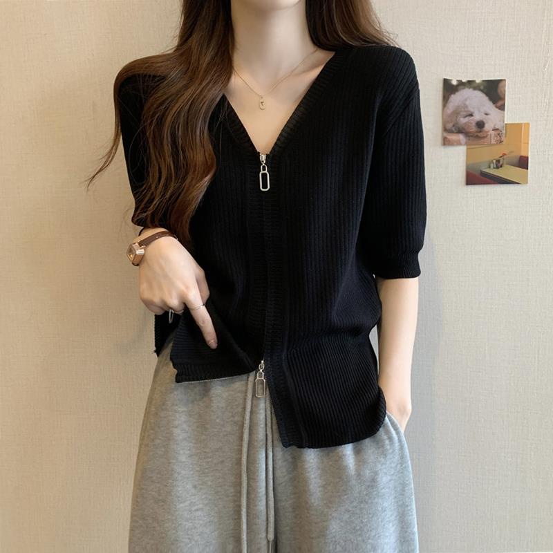 Áo len dệt kim ngắn tay cỡ lớn kiểu Hàn Quốc dành cho nữ che bụng bằng lụa băng mùa hè dành cho nữ mập