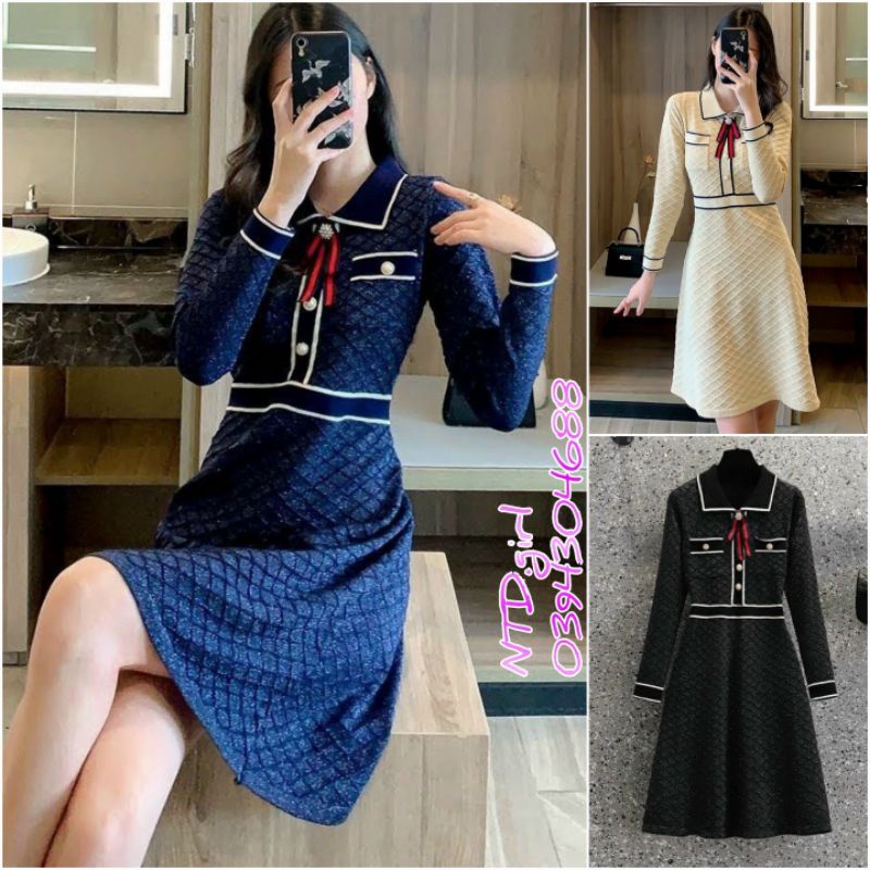 Hàng nhập - Đầm dáng xòe len gân nổi caro, váy xòe thu đông tay dài đính nút