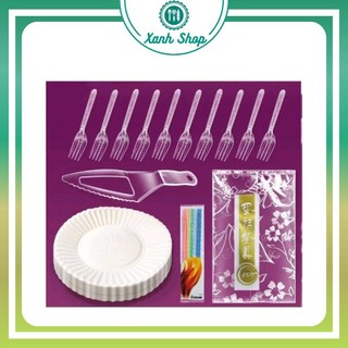 Bộ 10 dao + dĩa + đĩa giấy + nến sinh nhật
