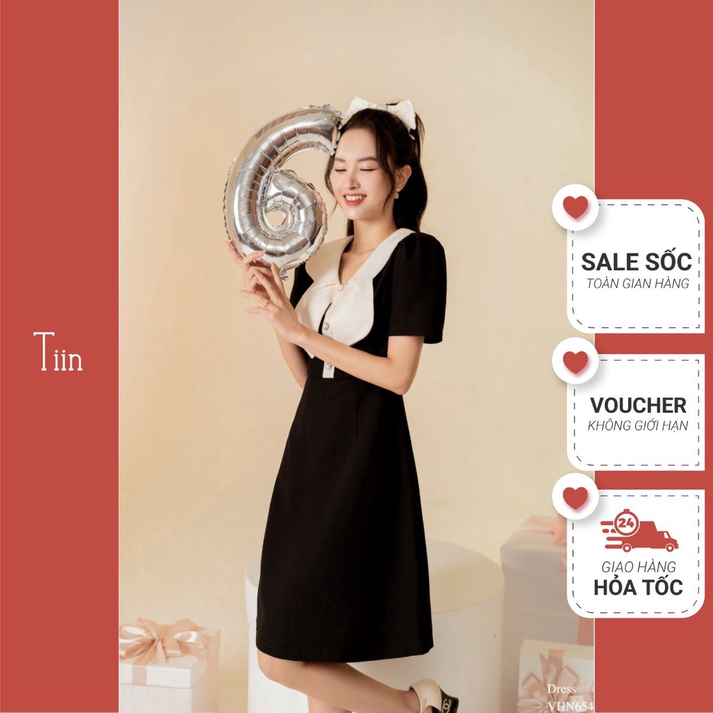 Đầm nữ công sở phối cổ cánh bướm Váy cổ lượn nẹp trụ khuy phối đen trắng TIINSTORE VHN654