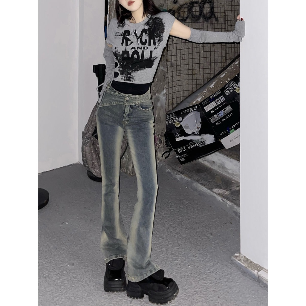 Jiashucheng Quần Jean Ống Rộng Thẳng Thắt Eo Thiết Kế Mới Dành Cho Nữ