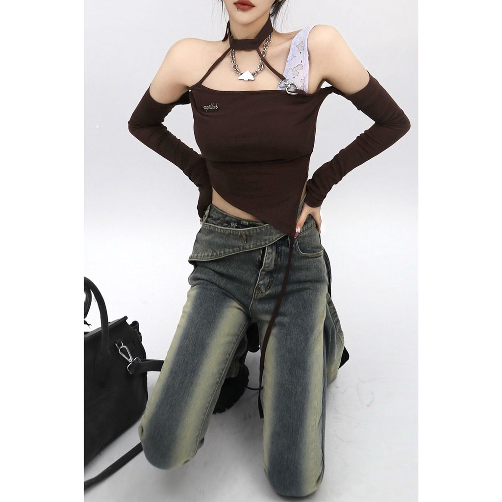 Jiashucheng Quần Jean Ống Rộng Thẳng Thắt Eo Thiết Kế Mới Dành Cho Nữ