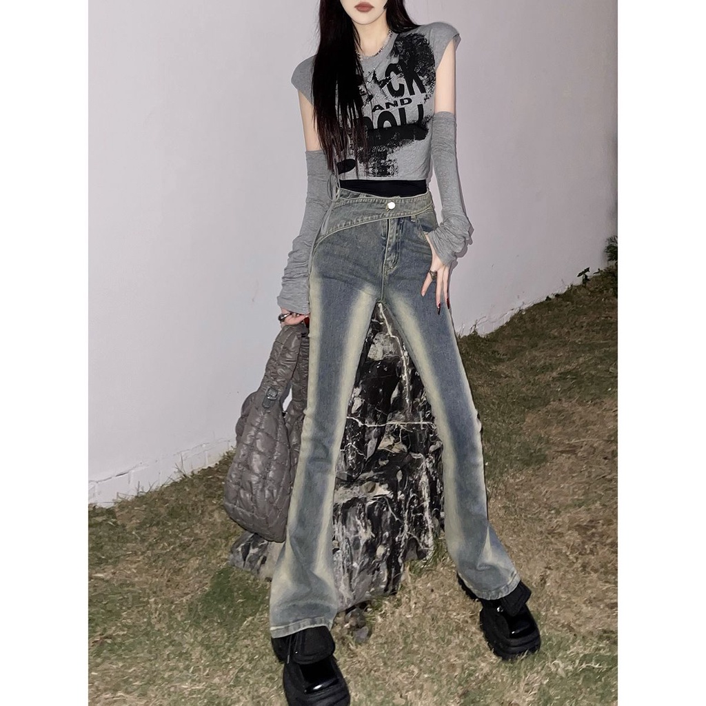 Jiashucheng Quần Jean Ống Rộng Thẳng Thắt Eo Thiết Kế Mới Dành Cho Nữ