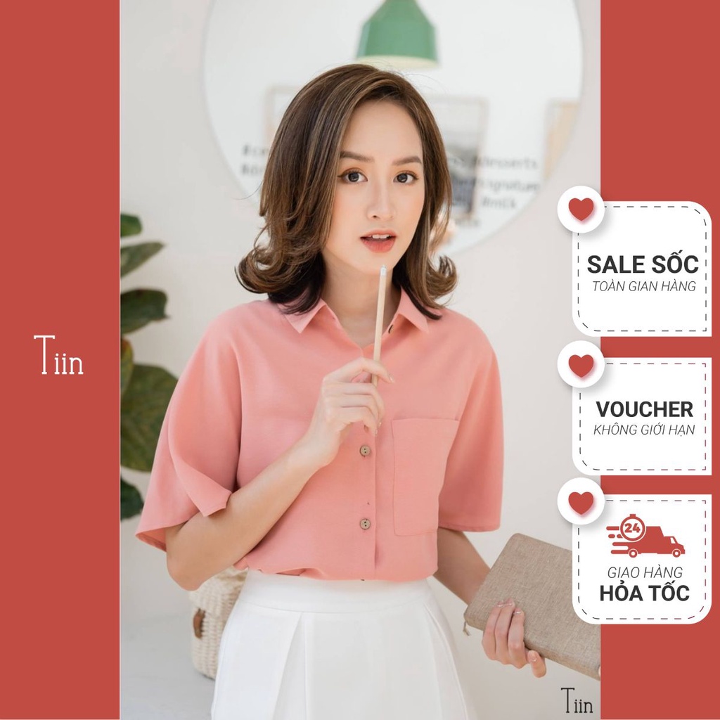 Áo sơ mi nữ cộc tay cổ đức cánh dơi túi ngực, áo sơ mi dáng xuông basic dễ phối đồ TIINSTORE AHN102