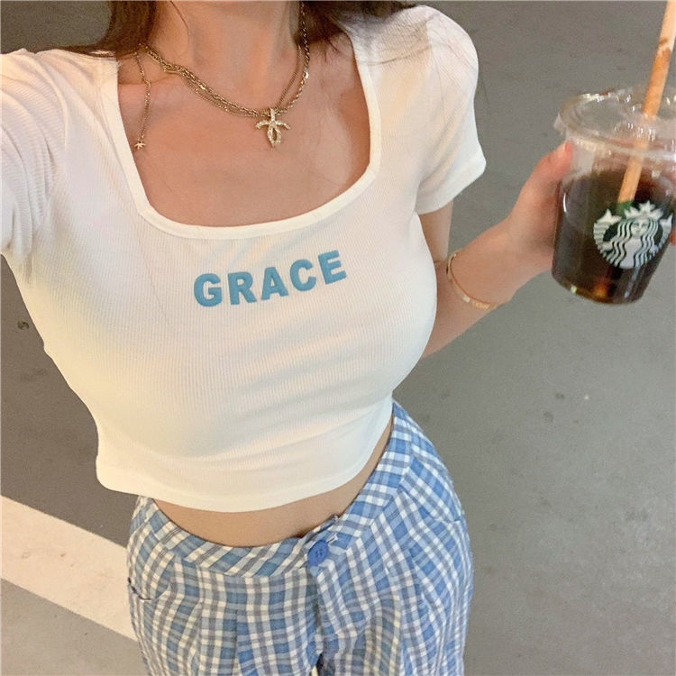 Jiashucheng Áo Thun Ngắn Tay Cổ Vuông Phong Cách Mới Cho Nữ