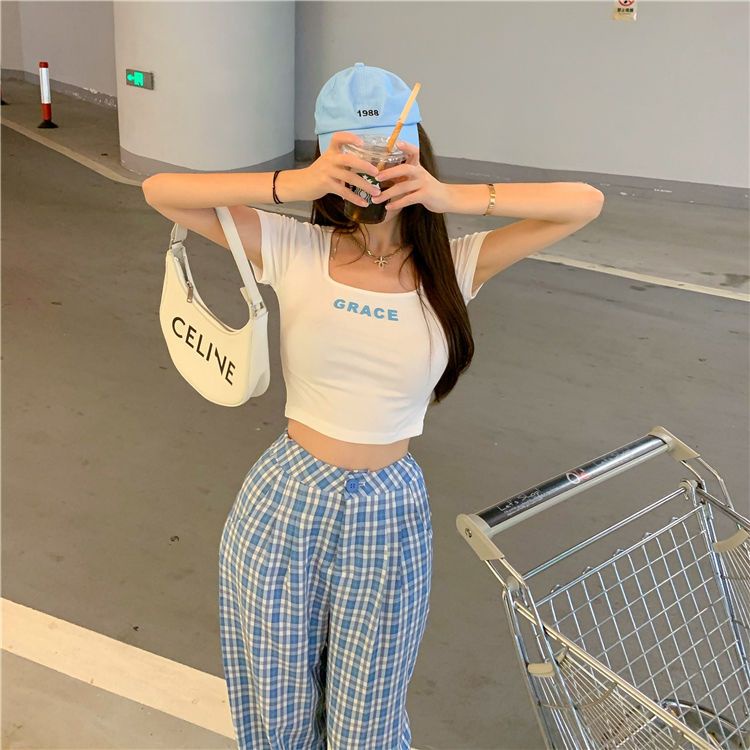 Jiashucheng Áo Thun Ngắn Tay Cổ Vuông Phong Cách Mới Cho Nữ