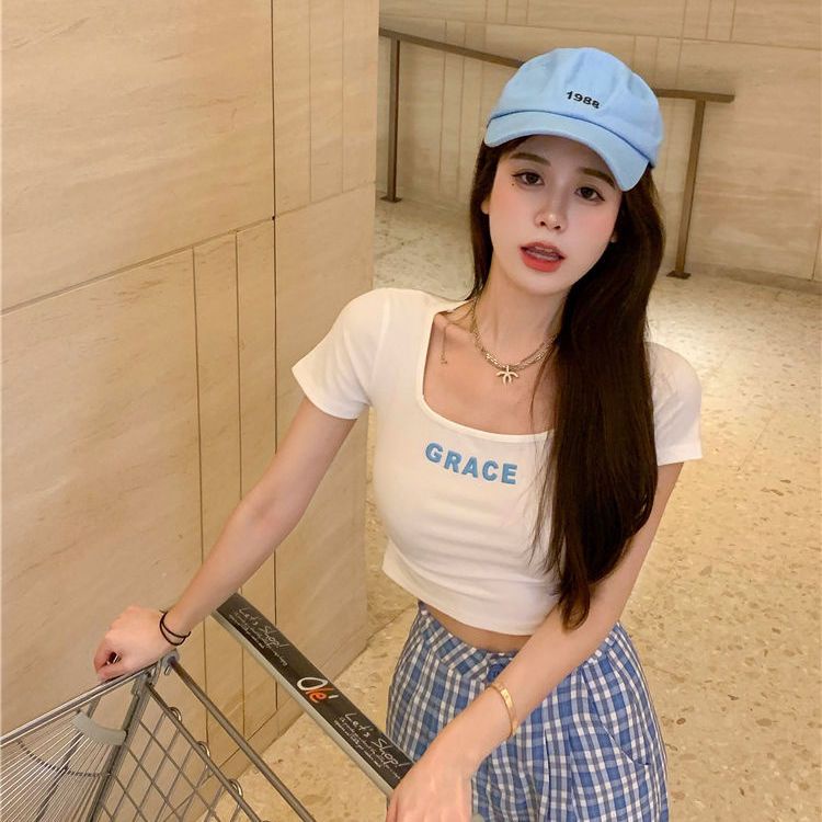 Jiashucheng Áo Thun Ngắn Tay Cổ Vuông Phong Cách Mới Cho Nữ