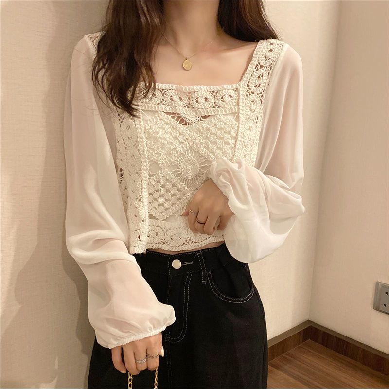 Jiashucheng Áo Sơ Mi Chiffon Tay Phồng Phối Ren Phong Cách Hàn Quốc Thiết Kế Mới Mùa Thu Cho Nữ