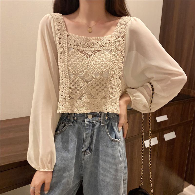 Jiashucheng Áo Sơ Mi Chiffon Tay Phồng Phối Ren Phong Cách Hàn Quốc Thiết Kế Mới Mùa Thu Cho Nữ