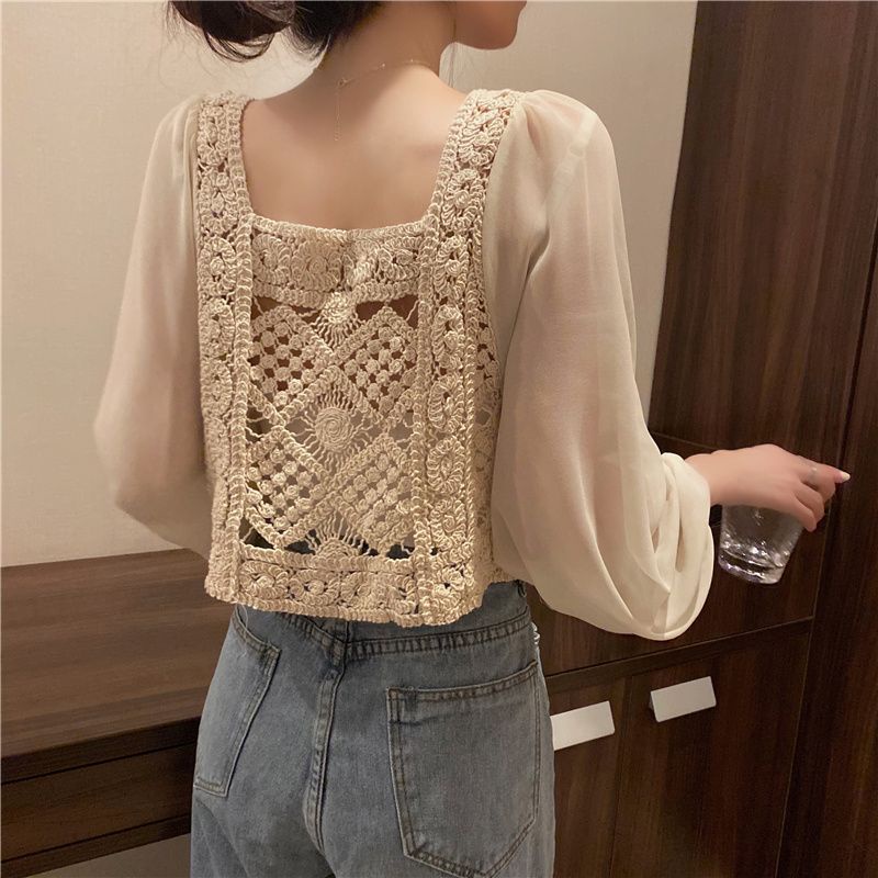 Jiashucheng Áo Sơ Mi Chiffon Tay Phồng Phối Ren Phong Cách Hàn Quốc Thiết Kế Mới Mùa Thu Cho Nữ