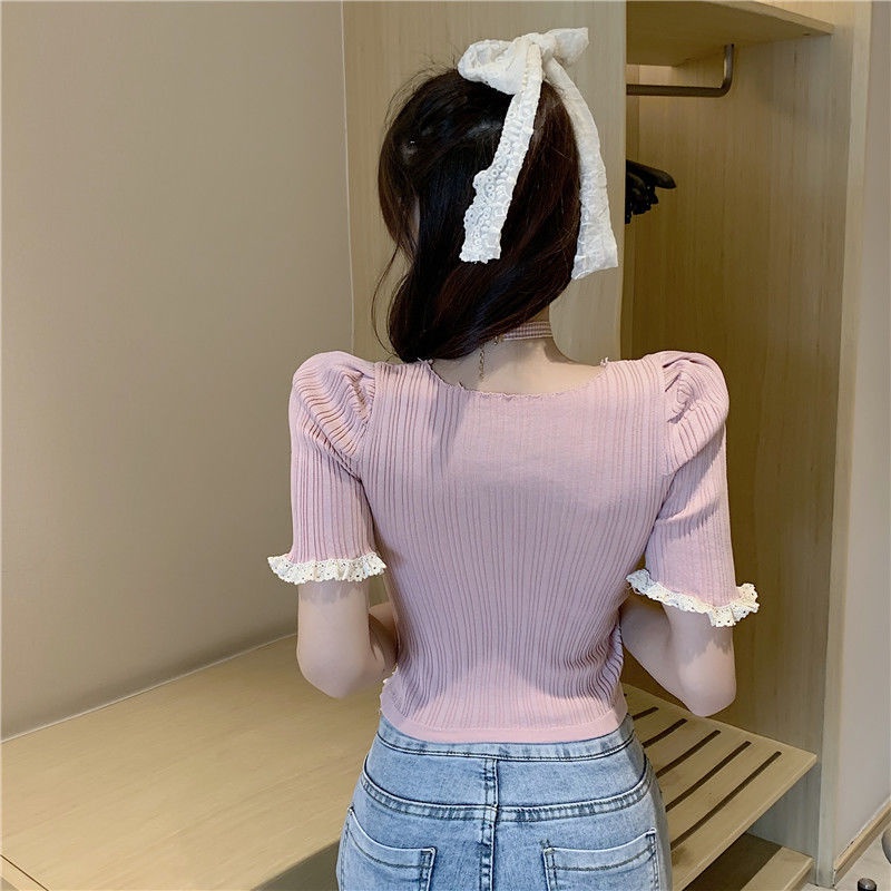 Jiashucheng Áo Thun Dệt Kim Cổ Vuông Dáng Ôm Ngắn Thời Trang Mùa Hè Pháp Ngọt Ngào Khí Chất Dành Cho Bạn Nữ