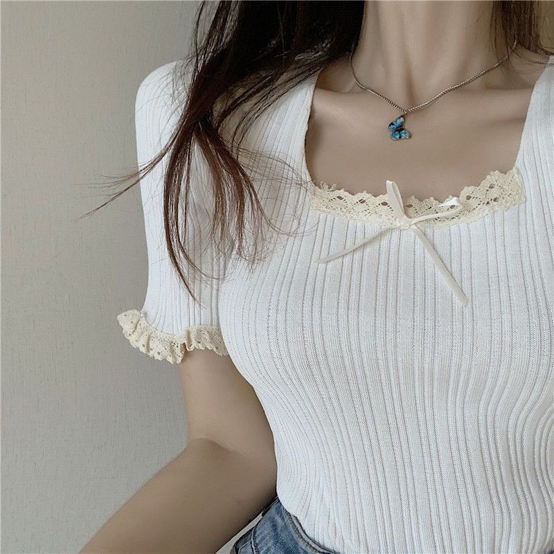 Jiashucheng Áo Thun Dệt Kim Cổ Vuông Dáng Ôm Ngắn Thời Trang Mùa Hè Pháp Ngọt Ngào Khí Chất Dành Cho Bạn Nữ