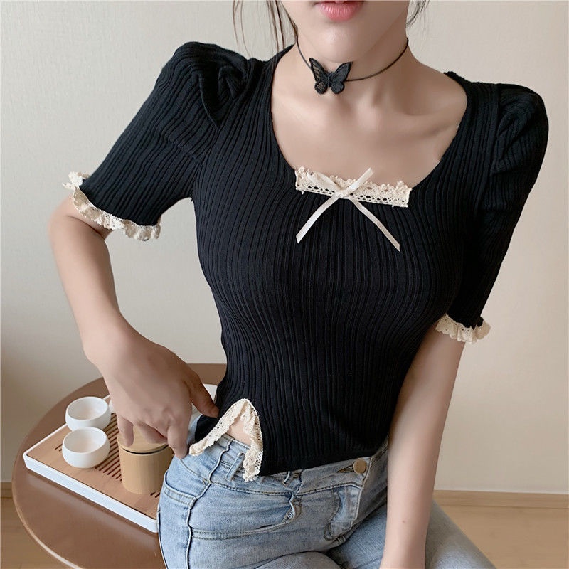 Jiashucheng Áo Thun Dệt Kim Cổ Vuông Dáng Ôm Ngắn Thời Trang Mùa Hè Pháp Ngọt Ngào Khí Chất Dành Cho Bạn Nữ