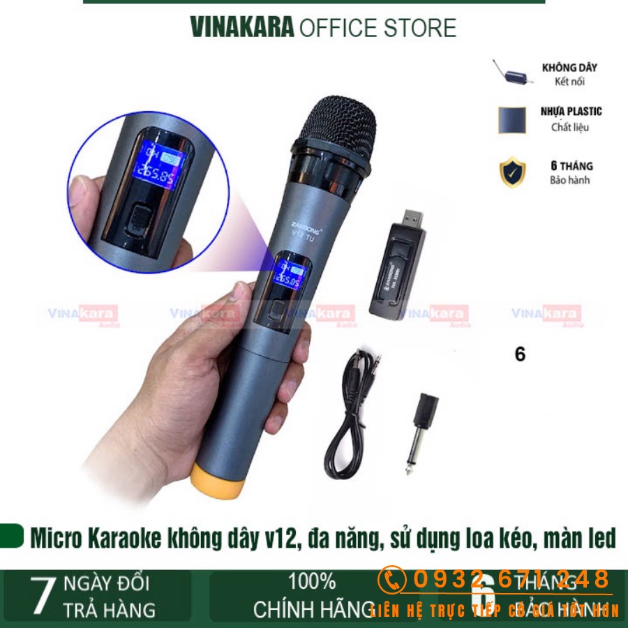 Micro zangsong Karaoke không dây v12, V10 đa năng sử dụng cho loa kéo, amply, chống hú