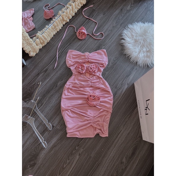 GenZ_Đầm Body Hoa Hồng Kèm Dây Hoa Cổ Thun Dẻo Sịn Hình Thật