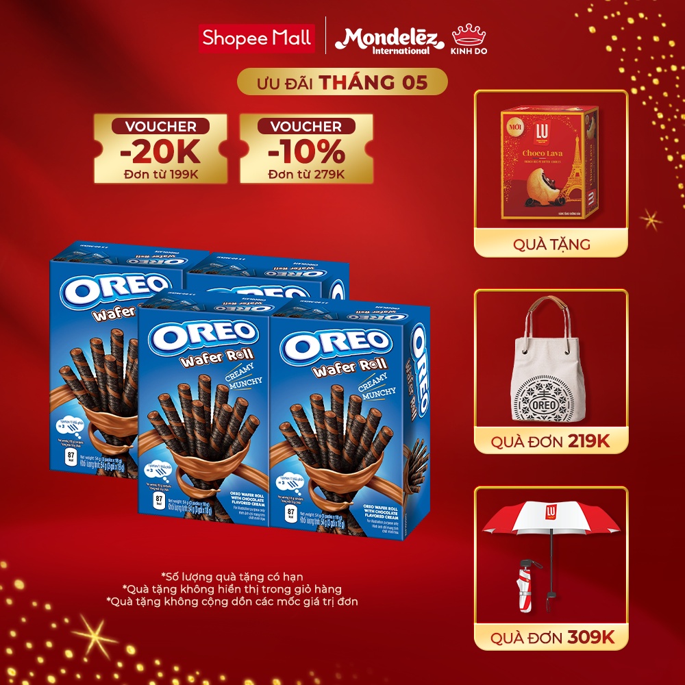 Combo 4 hộp Bánh quế OREO vị sôcôla, hộp 54g