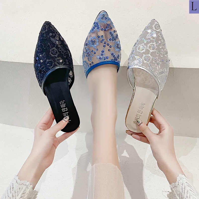 Dép Bít Mũi Nhọn Đế Thấp Phối Lưới Thời Trang Mùa Hè 2023 Phong Cách Mới Cho Nữ